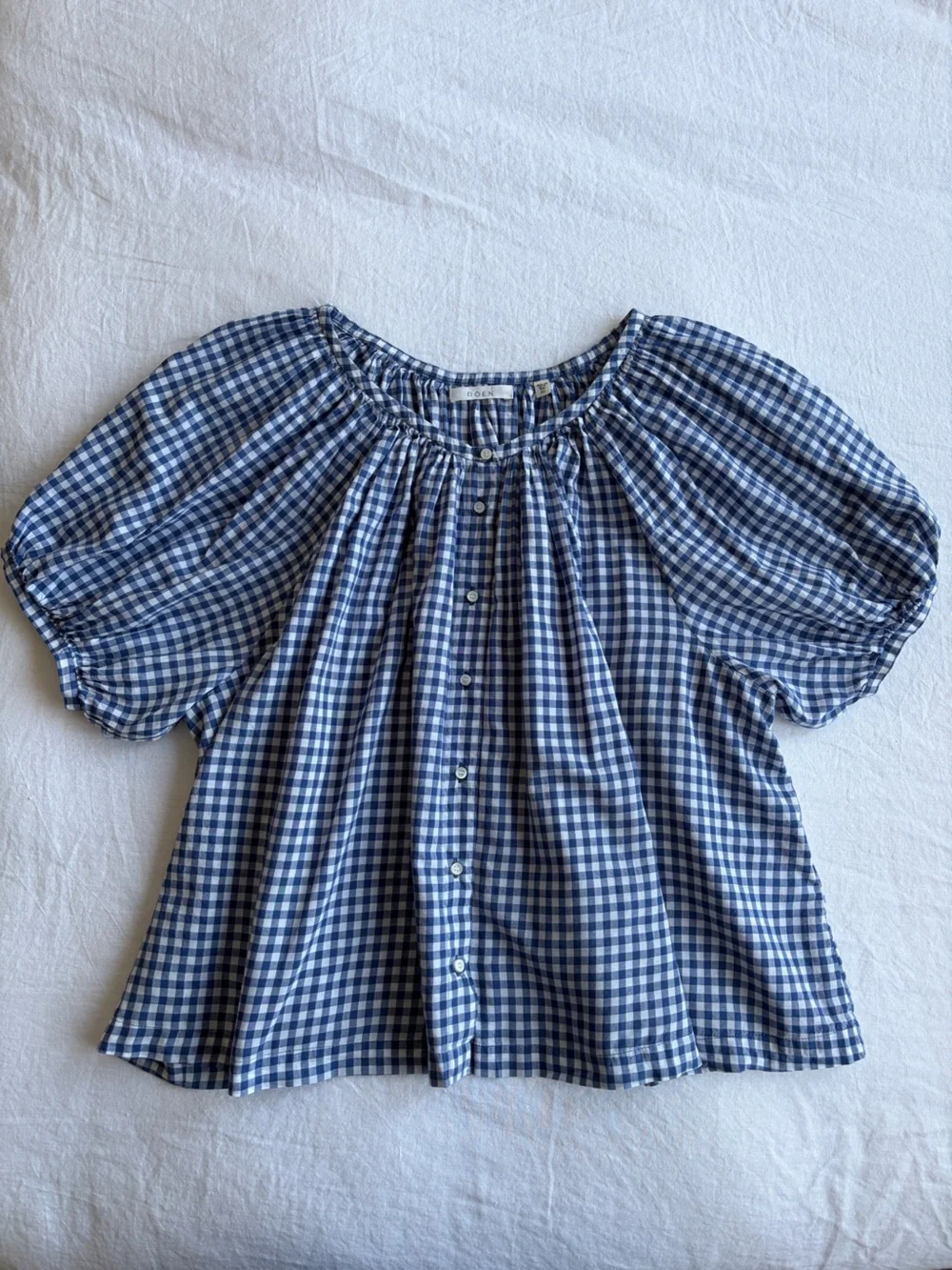 Doen June Cotton Button Short Puff Sleeve Blouse Top Blue Gingham White